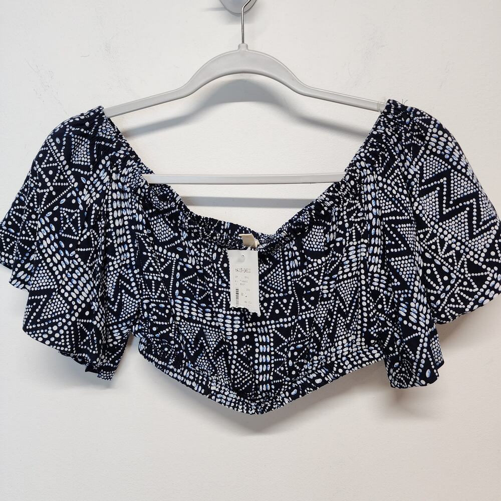 Womens Flutter Ruffle Sleeve Crop Top Size L Geo Blue Elastic Neck Summer Gypsy